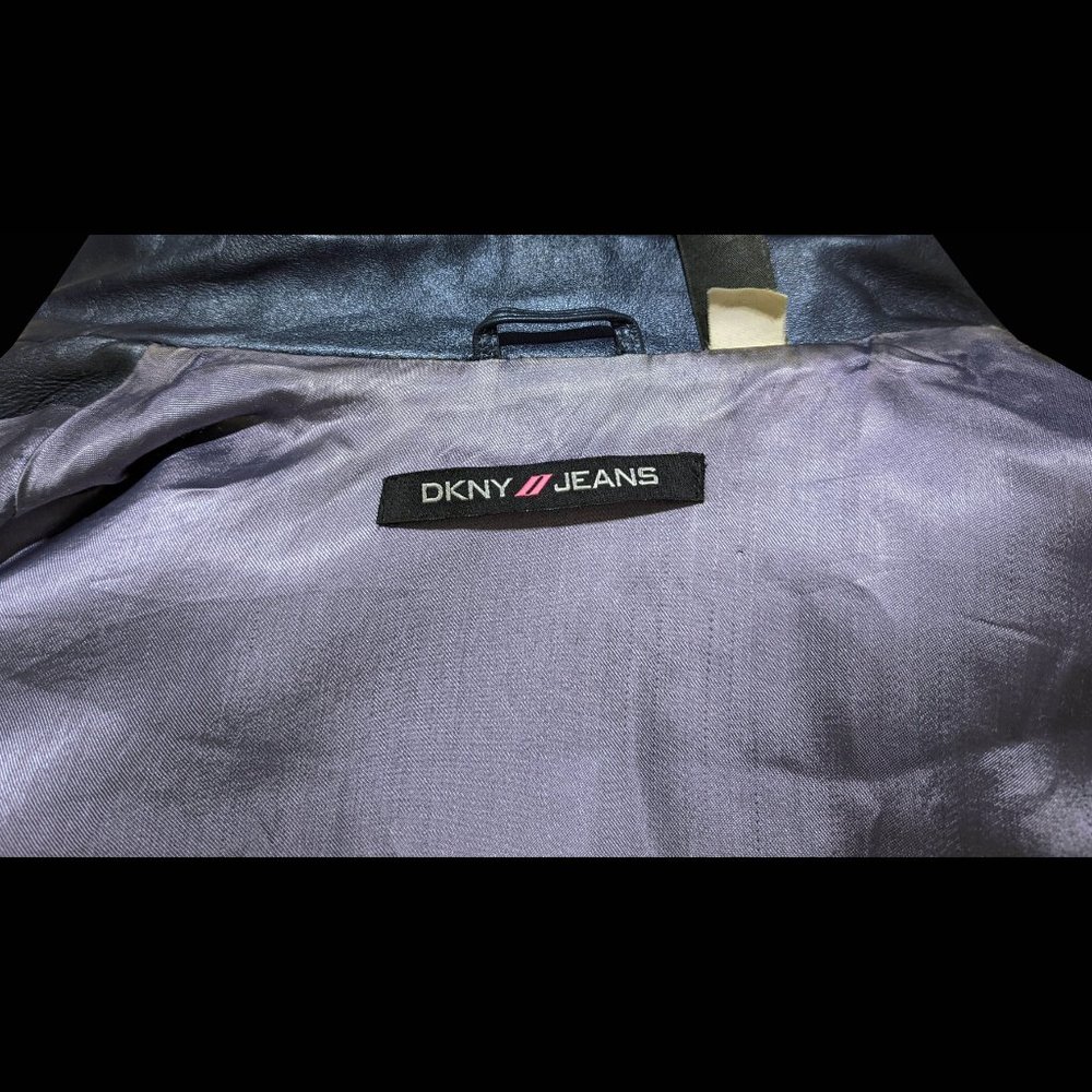 DKNY JEANS Size L *Metallic* Blue Gray L/S LEATHER Jacket, Lined & Denim-Style - Picture 5 of 5